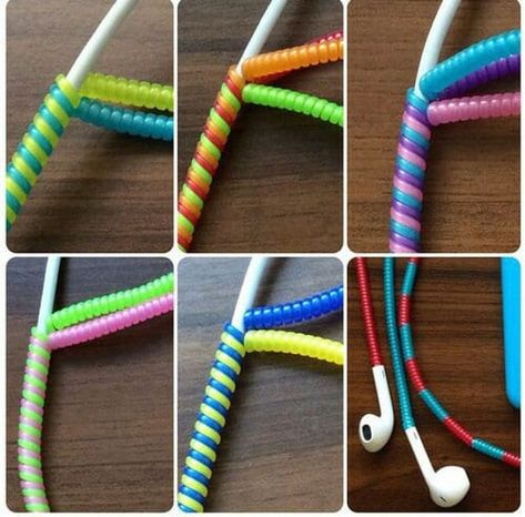 "* Charger Cable Protector, Earphone Protector, USB Data Cord Protector, Spiral Cable Wrap * Suitable for Apple, Samsung and other charging cables as well as headphone cords. * Covers the sensitive area of cables, preventing harmful twists & bends.  * Protects cords from dirt, fraying, tangles and knots. * Identify your cord easily based on the color. * The risk of fraying and breaking is reduces by 70 to 90 percent. * Length: approximate 55\" to 60\"  * Diameter: 1.49 mm 1 spiral wrap should fi Headphones Diy, Earphones Diy, Diy Headphones, Cord Protector, Flot Makeup, Astuces Diy, Diy Simple, Diy Phone, Bracelet Crafts