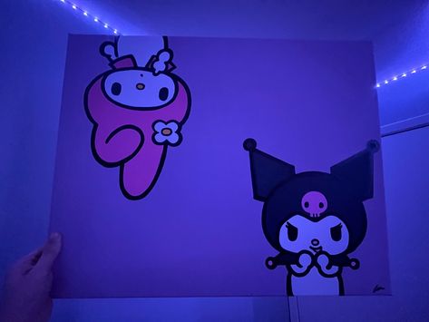 Sanrio Acrylic Painting, My Melody Painting, Kuromi Painting, Hello Kitty Canvas Painting, Kaws Painting Ideas, My Melody X Kuromi, Kaws Painting, Pink Canvas Art, Paintings Ideas