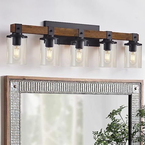 Farmhouse Vanity Lights, 5-Light Wood Bathroom Wall Lighting with Clear Glass, Industrial Metal Wall Sconce for Bedroom, Kitchen, Hallway (Antique Wood, 5-Light) #affiliate Farmhouse Vanity Lights Bathroom, Rustic Bathroom Vanity Lights, Rustic Bathroom Lights, Rustic Bathroom Light Fixtures, Rustic Vanity Lights, Chalet Ideas, Farmhouse Bathroom Light, Industrial Bathroom Lighting, Rustic Bathroom Lighting