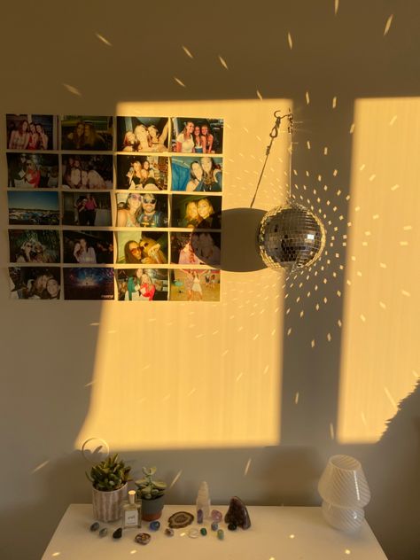 Disco Ball In Room Aesthetic, Apartment Disco Ball, Disposable Photo Wall, Mini Disco Ball Decor Bedroom, Disco Ball Apartment Decor, Golden Hour Decor, Disco Ball Pillow, Disco Ball Bedroom Aesthetic, Disco Themed Bedroom