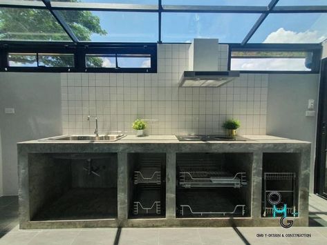 Wet Kitchen Design Malaysia Outdoor, Wastafel Outdoor, Wet Kitchen, Dirty Kitchen Design, Dirty Kitchen, Kitchen Sink Design, Kitchen Modular, Modern Kitchen Cabinet Design, Concrete Kitchen