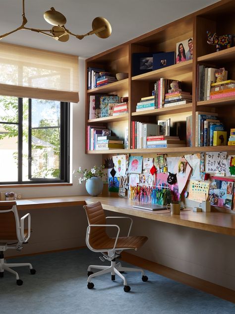 Commune Design | Modern Farmhouse Storage Above Desk, Home Office Writer, Corner Desk Office Layout, Open Shelving Office, Bonus Room Office Combo, Home Office Studio Creative Workspace, Office And Library Combo, Wood Panel Office, Home Office And Library