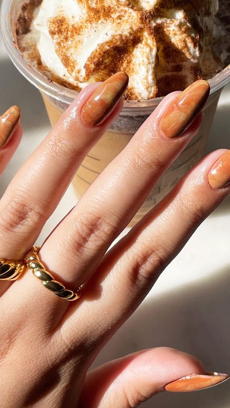 Pumpkin Spice Inspired Nails, Pumpkin Spice Latte Nails, Pumpkin Spice Nail Color, Butterscotch Nails, Psl Nails, Pumpkin Spice Nail Designs, Call Nail Ideas, Pumpkin Nails Fall, Latte Nails