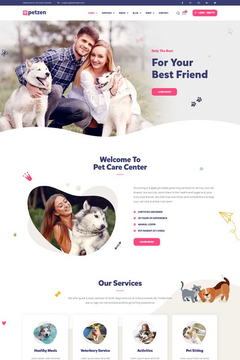 Petzen is a WordPress theme specifically designed for pet care centers, animal shelters, veterinary clinics, and other businesses related to pets and animals. This theme is equipped with various features and elements to help you create a professional and user-friendly website for your pet care services. Animal Shelter Website Design, Dog Website Design Inspiration, Pet Care Website Design, Pet Website Design, Pet Branding Design, Dog Services, Pet Websites, Dog Daycare Business, Dog Website