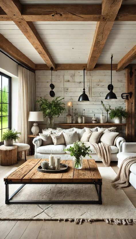 White Living Room With Wood Accents, White And Brown Wood Living Room, Living Room With Dark Beams, Farmhouse Black Living Room, Light Farmhouse Living Room, Cozy Mountain Living Room, Modern Farmhouse Kitchen Living Room, Modern Industrial Farmhouse Living Room, Dark Farmhouse Living Room