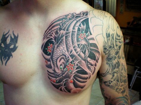 Colored Chest Tattoo For Men, Colored Chest Tattoo, Fish Chest Tattoo, Dragon Tattoo On Chest, Tattoo Designs On Chest, Tattoo On Chest, Tiki Tattoo, Koi Tattoo Design, Tattoo Chest