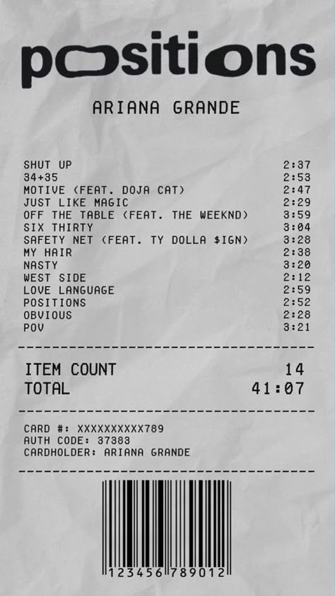 Concert Receipt, Ariana Grande Receipt, Ariana Grande Tracklist, Song Receipts, Enhypen Album Receipt, Song Receipt, Enhypen Music Receipt, Ariana Grande Album Receipt, Newjeans Album Receipt