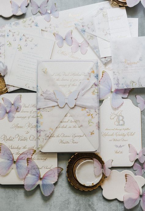 Purple butterfly themed wedding stationery and flat lay details. Head to the blog to see more of how this couple incorporated butterfly details into their wedding! Wedding Ideas Light Purple, Butterfly Theme Engagement Party, Lavender Wedding Stationery, Butterflies Wedding Theme, Butterfly Wedding Reception, Butterfly Decor Wedding, Wedding Invitations Butterfly, Wedding Inspo Purple, Butterfly Themed Wedding Ideas