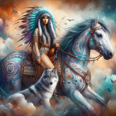 American Indian Artwork, Indian Artwork, Wolves And Women, Native American Paintings, Native American Warrior, Native American Pictures, Native American Artwork, Gemstone Art, Gems Art