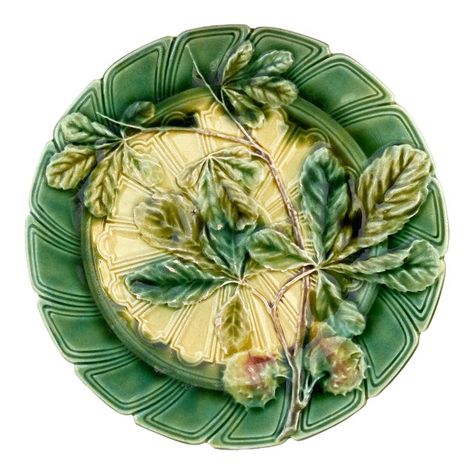 Majolica Chesnut Leaf Plate Sarreguemines, Circa 1890 Leaf Plate, Green China, French Rustic, Majolica Pottery, Green Inspiration, Rustic Ceramics, Labor Day Sale, Leaf Plates, China Blue