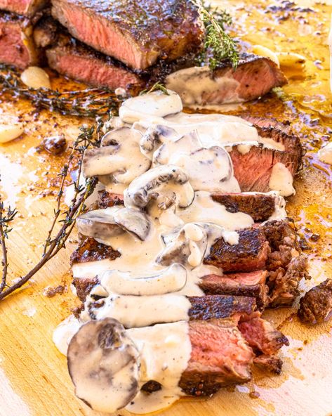 Steaks with Gorgonzola Mushroom Cream Sauce - Over The Fire Cooking Creamy Steak Sauce, Mushroom Cream Sauce, New York Strip Steak, Gorgonzola Sauce, Pan Seared Steak, Mushroom Cream Sauces, Butter Steak, Steak And Mushrooms, Garlic Butter Steak