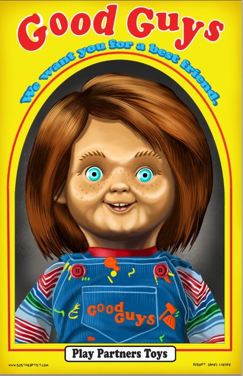 From the horror series, Child's Play, it's everyone's favorite Good Guys doll, Chucky, within his packaging. Digital illustration by Robert (Bob The Artist) Luedke. 11x17" print on 120lb glossy stock. Good Guys Chucky Logo, Chucky Cartoon, Bride Of Chucky Doll, Good Guys Chucky, Chucky Wallpaper, Chucky Face, Chucky Movies, Chucky Horror Movie, Good Guy Doll