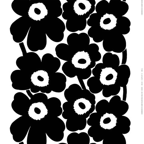 Marimekko’s Unikko fabric features the iconic floral pattern by Maija Isola in classic shades of black and white. The thick, heavyweight fabric is made of 100% cotton and has been printed in Helsinki, Finland. Maija Isola, Marimekko, Helsinki, Black And White, Floral, Flowers, Pattern, Fabric, White