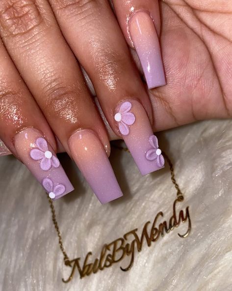 Purple Nails With Flowers, Purple Flower Nails, 3d Flower Nails, Purple Nail Designs, Flower Nail Designs, Coffin Nails Designs, 3d Flowers, Purple Nails, Valentines Nails