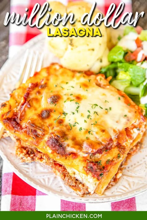 This Million Dollar Lasagna is seriously THE BEST lasagna we've ever eaten!!! SO easy to make and tastes like a million bucks. Lasagna noodles, cottage cheese, cream cheese, sour cream, Italian sausage, spaghetti sauce, tomato sauce, mozzarella, and parmesan. Serve with some garlic bread and a salad. Can make in advance and refrigerate. Freeze leftovers for later. We LOVE this lasagna casserole recipe!!! 7 Cheese Lasagna Recipe, Easy Cheesy Lasagna Recipe, Best Lasagna Recipe With Cottage Cheese, Lazy Lasagna With Cottage Cheese, Lasagna With Cheese Sauce, Easy Lasagna Recipe With Cottage Cheese, Cheese Lasagna Recipe No Meat, Easy Lasagna With Ricotta Cheese, Lasagna With Cream Cheese