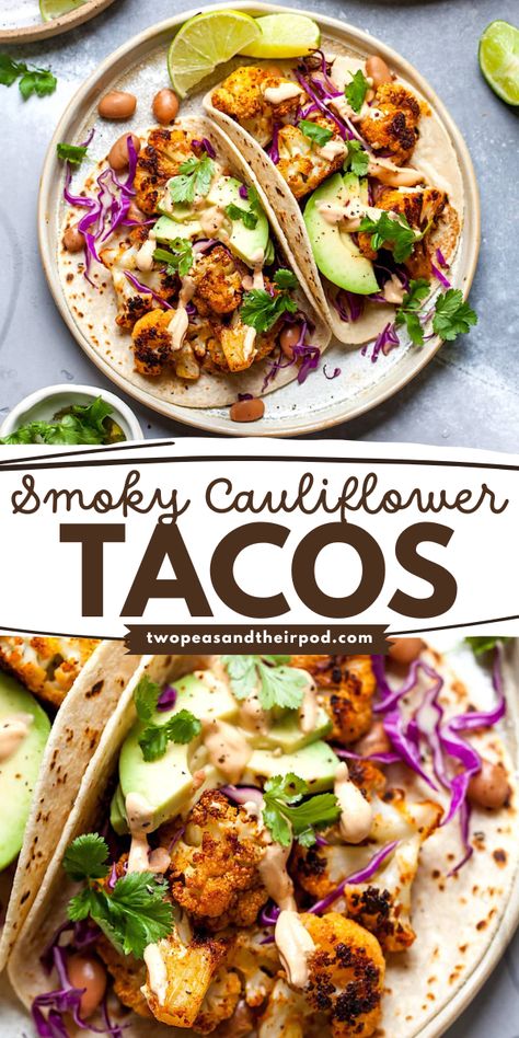 These Smoky Cauliflower Tacos are a great addition to your Cinco de Mayo dinner menu! These vegetarian tacos are full of flavor and a great way to mix up taco night! Pin this easy Cinco de Mayo recipe! Salmon Tacos Recipe, Roasted Cauliflower Tacos, Chipotle In Adobo Sauce, Chickpea Tacos, Meatless Mains, Salmon Tacos, Cauliflower Tacos, Vegetarian Tacos, Chipotle Sauce