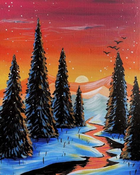 Morning Winter, Pinots Palette, Easy Landscape Paintings, Painting Parties, Silhouette Painting, Doodle Images, Winter Morning, Holiday Painting, Winter Painting