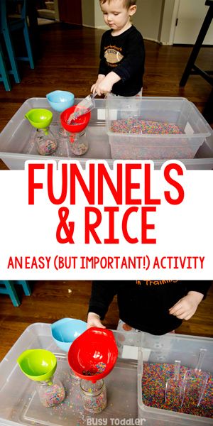 Funnels and Rice: A Perfect Sensory Bin; a quick and easy sensory bin; easy toddler activity; easy preschool activity; rainbow rice activity by Busy Toddler Easy Sensory Bin, Toddler Sensory Bins, Rainbow Rice, Easy Toddler Activities, Sensory Activities Toddlers, Montessori Toddler Activities, Toddler Sensory, Sensory Boxes, Toddler Activity