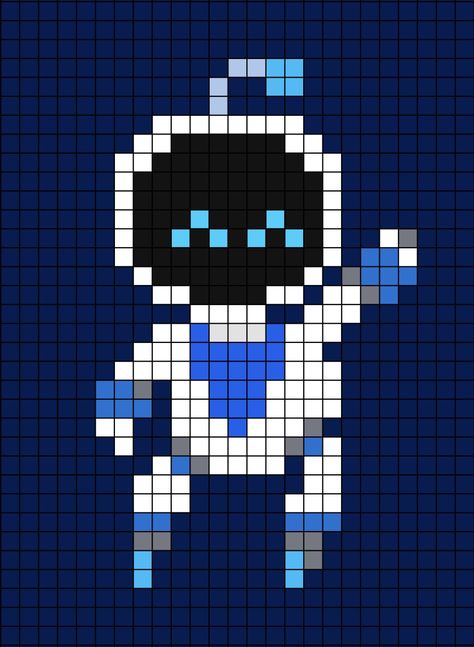 A pixel art template of Astro Bot the PlayStation mascot waving its hand. Astro Playroom, Playstation Pixel Art, Space Perler Bead Patterns, Astronaut Pixel Art, Playstation Cross Stitch, Astro Bot Ps5, Melting Beads Game Boy, Astro Bot, 8 Bit Astronaut