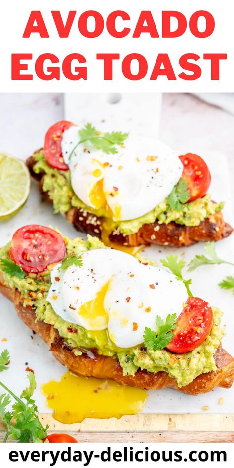 This avocado egg toast is one of my favorite breakfast/brunch recipes. It features a flaky toasted croissant, creamy seasoned avocado, and a poached egg with perfectly runny yolk. Cherry tomatoes, cilantro, lime juice, and red pepper flakes seal the deal. You've got to try it! Avocado Egg Toast, Toasted Crostini, Avocado Toast Egg, Over Easy Eggs, Meat Free Recipes, Egg Toast, Breakfast Toast, Poached Egg, Breakfast Meal Prep