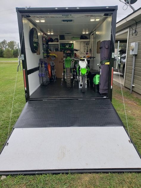 Motocross Trailer Setup, Motocross Trailer, Dirt Bike Trailer, Moto Trailer, Trailer Shelving, Moto Van, Race Trailer, Bike Trailers, Car Hauler Trailer