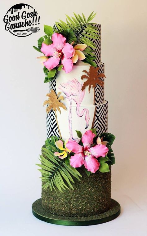 Tropical wedding cake idea featuring flowers and a flamingo- Good Gosh Ganache #tropicalweddingcake #tropicalweddingcakes Wedding Cake Centerpieces, Tropical Wedding Cake, Wedding Cake Options, Pearland Texas, Flamingo Cake, Black Wedding Cakes, Fresh Flower Cake, Fiesta Tropical, Elegant Cakes