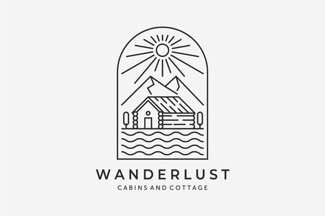 Modern Emblem Logo, River Line Art, Cabin Logo, Cottage Logo, Lake Logo, City Logos Design, California Cottage, Line Art Minimalist, Cabin Cottage