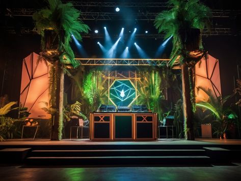 A small dj booth and stage design of a rave with jungl 0 Tropical Dj Booth, Dj Booth, Stage Design, Dj, Turn Ons, Design