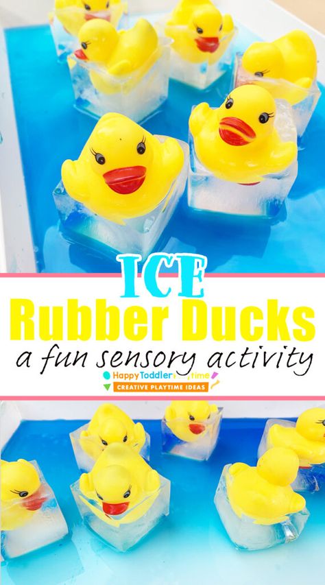 Ice Rubber Ducks: A Fun Summer Sensory Activity - Happy Toddler Playtime Duck In The Truck Activities, Water Day Activities For Toddlers, Rubber Duck Activities For Preschool, Water Theme Toddler Activities, Duck Sensory Play, 5 Little Ducks Activities For Toddlers, Rubber Duck Sensory Bin, Eric Carle Sensory Bin, Yellow Sensory Activities