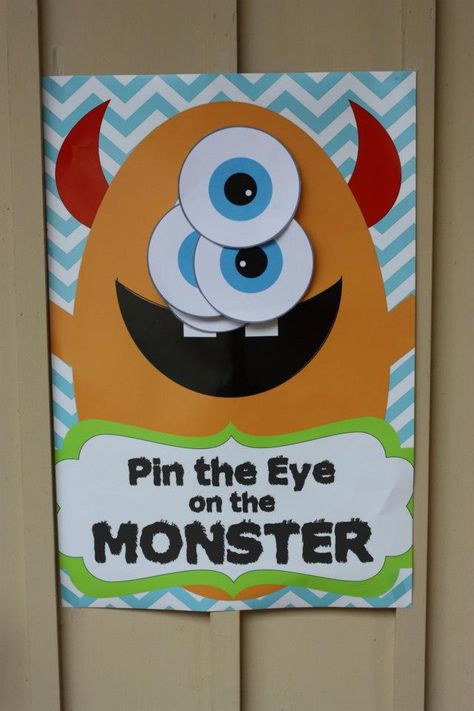 Do pin the eye on Mike and adopt a monster for Gage's game and party favor.  Put other party favors (monster t-shirt) in Pringles scream canisters Halloween Games For Kids Party, Games For Kids Party, Little Monster Party, Little Monster Birthday, Monster 1st Birthdays, Monster Inc Birthday, Anniversaire Diy, Monster Birthday Parties, Halloween Games For Kids