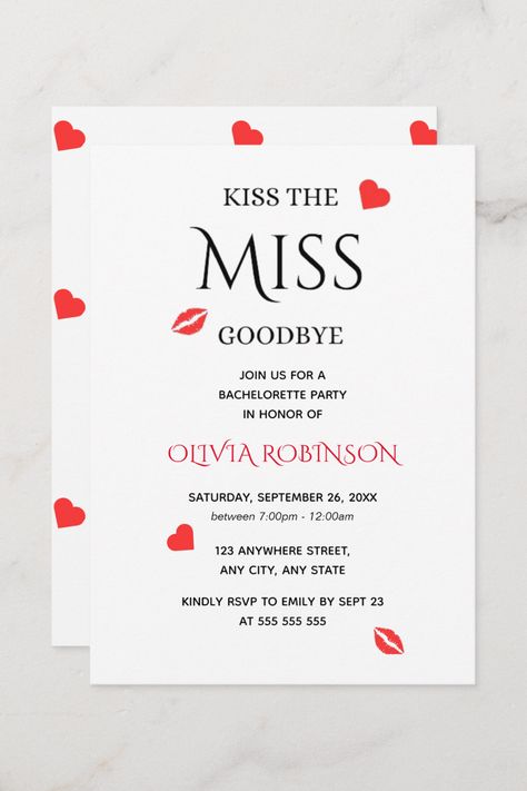 Kiss the Miss Goodbye Bachelorette Party Invitation Kiss The Miss Goodbye Bachelorette, Kiss The Miss Goodbye, Bachelorette Party Theme, Bachelorette Party Invitation, Party Bachelorette, Bachelorette Party Themes, Bachelorette Party Invitations, Shower Themes, Bachelorette Weekend