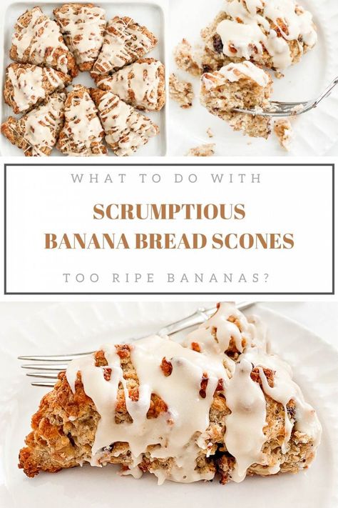 What do you do with too ripe bananas? Make MAPLE GLAZED BANANA BREAD SCONES! They are scrumptious and melt in your mouth! Easy to make dessert or breakfast or treat! #recipe #recipes #dessert #dessertrecipe #sconerecipe #bananarecipe #yummyrecipe #easyrecipe Dessert Scones, Glazed Banana Bread, Irish Scones, Banana Scones, Stone Gable, Breakfast Pastry, Make Dessert, Sweet Surrender, Sweet Buns