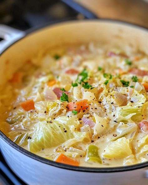 Creamy Cabbage Soup Recipe, Creamy Cabbage Soup, Creamy Cabbage, Slow Cooker Kitchen, Halloween Lunch, Slow Cooker Pork Chops, Martha Stewart Recipes, Mediterranean Kitchen, Soup And Stew