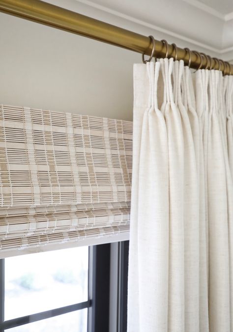 Roman Shades Living Room, Large Window Treatments, Large Window Curtains, Layered Window Treatments, Pinch Pleat Drapes, Nursery Window Treatments, Pink Blackout Curtains, White Blinds, Measuring Curtains