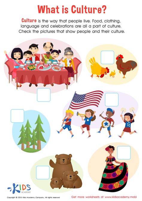 Culture is the way that people live, and food, clothing, language and celebrations are all a part of culture. Teach your kids more about culture with this educative worksheet. Kindergarten Culture Activities, Culture Activity For Preschool, Culture Lessons For Kids, Cultures Around The World Activities, World Culture Activities For Kids, Culture In The Classroom, Culture Worksheet, Culture Definition, What Is Culture