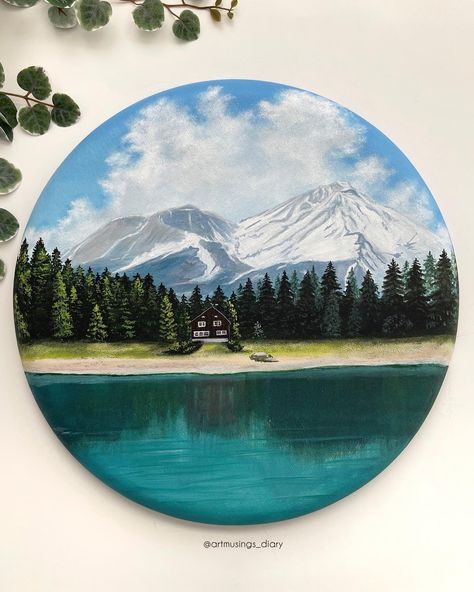 This enchanting landscape on 16-inch Round Convexo #FredrixCanvas by @artmusings_diary is almost like a portal to another world! 🏔️☁️⁠ ⁠ #landscapepaintings #landscapeart #roundcanvas ⁠ #fredrixartistcanvas #usamade #canvas #creativetools #artsupplies Portal To Another World, Circle Canvas, Canvas Landscape, Lake Painting, Dream Place, Round Canvas, Canvas Painting Designs, Watercolor Painting Techniques, My Imagination