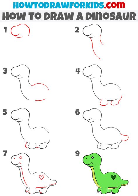 Dino Drawing Simple, How To Draw A Dinosaur, Draw Dinosaur, Easy Dinosaur Drawing, Draw A Dinosaur, Dino Drawing, Drawing Lessons For Kids, Dinosaur Drawing, Easy Cartoon Drawings