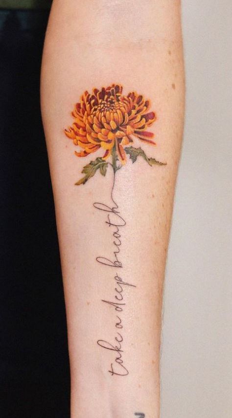 Marigold Flower Tattoo With Name, Chrysanthemum Watercolor Tattoo, Crysanthiums Flower Tattoo, Chrysanthemum Tattoo With Name In Stem, Chrysanthemum With Stem Tattoo, Larkspur Chrysanthemum Tattoo, Mums Tattoo Flower Chrysanthemums, Chrysanthemum Name Tattoo, Christanthium Flower Tattoo