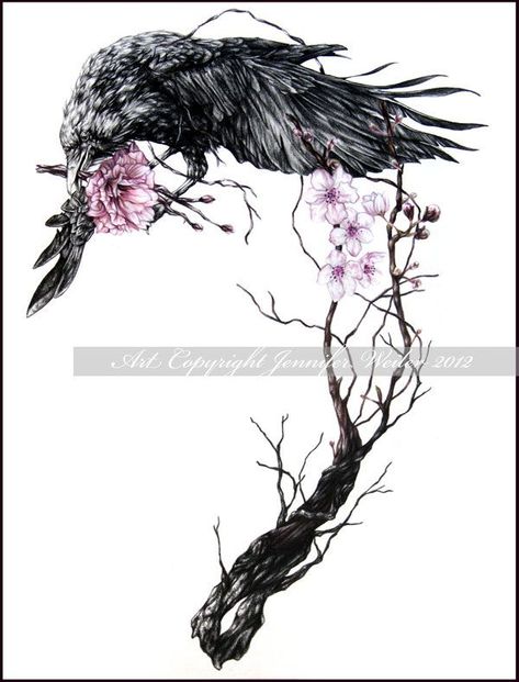 War Raven And Cherry Blossom Tattoo, Raven Tattoo, Blossom Tattoo, Cherry Blossom Tattoo, Blossom Tree, Cherry Blossom Tree, Blossom Trees, Back Tattoo, Cherry Blossom