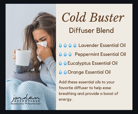 Essential oils can help relief the minor aches, pains, and stuffy head that accompany a cold. #essentialoils #coldremedies #jelife Head Cold Diffuser Blend, Head Cold Essential Oils Diffuse, Essential Oils For Head Cold, Cold Essential Oil Blend, Witchy Apothecary, Cold Buster, Essential Oil Combinations, Doterra Essential Oils Recipes, Essential Oil Diffuser Blends Recipes