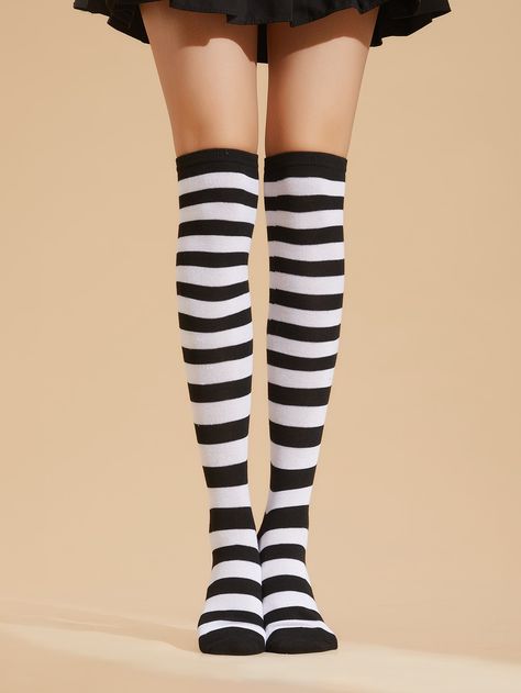 Black And White Striped Socks, Cute Socks Outfit, Socks Over Leggings, Sock Boots Outfit, White Knee High Socks, Striped Knee High Socks, Socks Outfit, Thigh High Sock, Socks Aesthetic