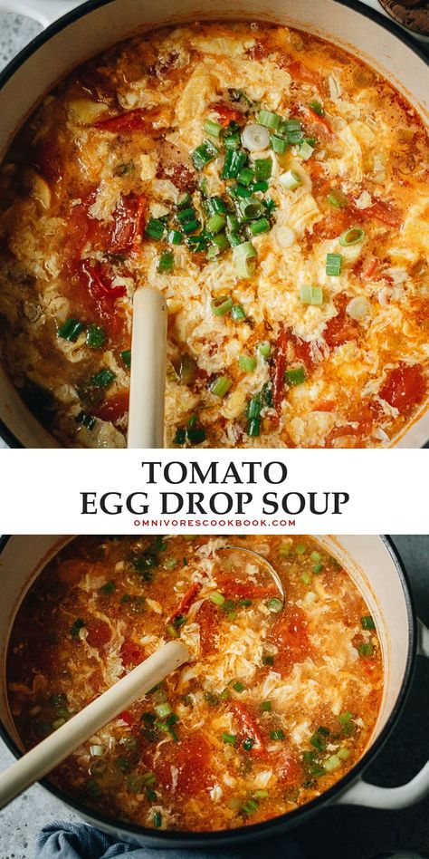 Add this quick and colorful tomato egg drop soup to your homemade Chinese takeout night menu! The aromatics and tomatoes are sauteed to release the fragrance, then cooked with egg ribbons in chicken broth with nutty sesame oil to finish it up. It is comforting and delicious and will warm your heart on a chilly day. {Gluten-Free, Vegetarian-Adaptable} Tomato Eggdrop Soup, Tomato Egg Drop Soup Recipe, Egg Tomato Soup, Korean Egg Drop Soup, Egg Drop Soup With Veggies, Tomato And Egg Soup, Cabbage Egg Drop Soup, Best Egg Drop Soup Recipe, Tomato Egg Soup