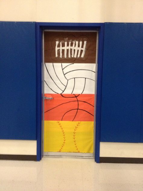 PE school door decoration Sport Door Decorations Classroom, Gym Teacher Appreciation Door, Sports Door Decorations Classroom, Pe Door Decorations, Pe Teacher Door Decoration, Pe Decorations, Door Decorations School, High School Door, Hallway Decorations