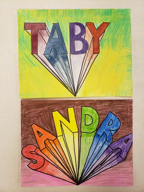 Name Perspective Art, Pop Art Name Project, Name In One Point Perspective, Name Art For Middle School, One Point Perspective Name Art, 3rd Grade Perspective Art Lesson, Name Art Projects, September Art, Word Drawings