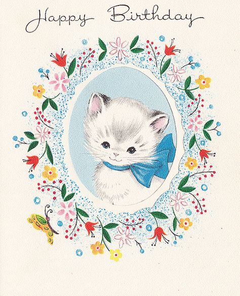 Retro Birthday Cards | Vintage,Birthday Card | Flickr - Photo Sharing! Birthday Card Gif, Kitten Tattoo, Kitty Tattoos, Vintage Birthday Card, Vintage Kitten, Vintage Cats, Postal Vintage, Thigh Piece, Vintage Birthday Cards