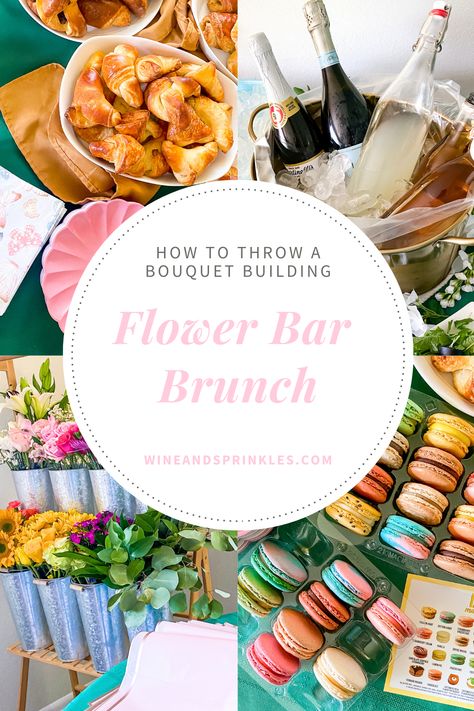 A brunch fit for any spring or Mother’s Day celebration featuring a DIY bouquet making bar, floral inspired cocktails, and a fresh baked brunch complete with a rainbow of assorted macarons. Fairy Lights Photos, Bouquet Making, Lavender Syrup, Boozy Brunch, Floral Cocktails, Flower Curtain, Bridal Shower Inspiration, Custom Cocktails, Bridal Shower Diy