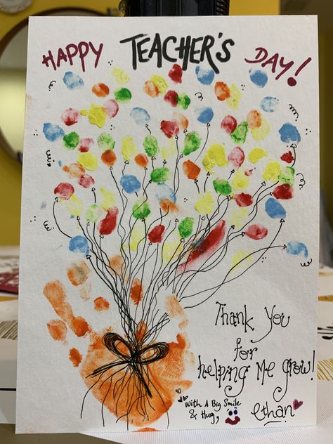 Got my 1-year-old plus toddler involved through his fingers and hand to make a happy card for his doting carer at the infant care centre. Fingerprint Balloons, Teacher's Day Card Ideas, Fingerprint Cards, Infant Care, Teachers Day Card, Leaving Cards, Baby Activity, Daycare Activities, Happy Cards