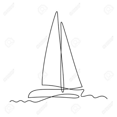 One Line Sailboat Tattoo, Anchor Line Art, Catamaran Tattoo, Sailboat Tattoo Simple, Yacht Tattoo, Boat Line Art, Yacht Illustration, Yacht Drawing, Wellen Tattoo