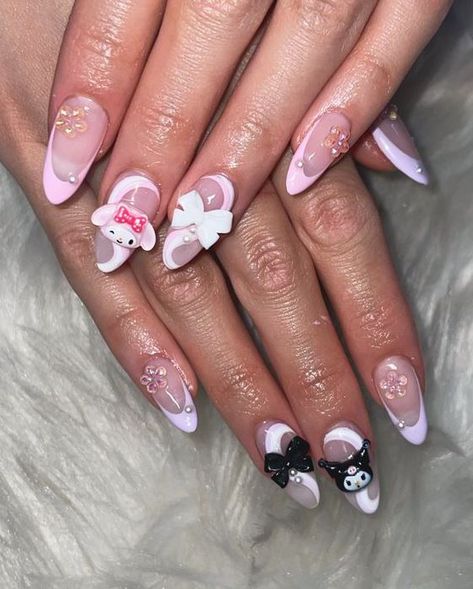 Fake nails designs: Almond nails designs Long acrylic nails coffin Kawaii nails Pretty gel nails Funky nails Matching Acrylic Nails For Best Friends, Nails Designs Almond, Kuromi Nails, Nails Funky, Kawaii Nail Art, Fake Nails Designs, Nails Pretty, Asian Nails, Hello Kitty Nails