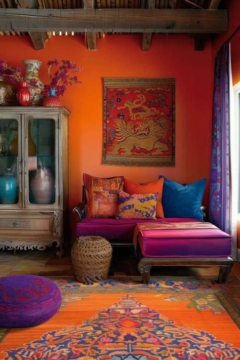 Bright Office Colors, Bright Color Decor, Colorful Room Decor, Boho Style Decor, Living Room Decor Inspiration, Boho Interiors, Colourful Living Room, Deco Boheme, Lush Greenery